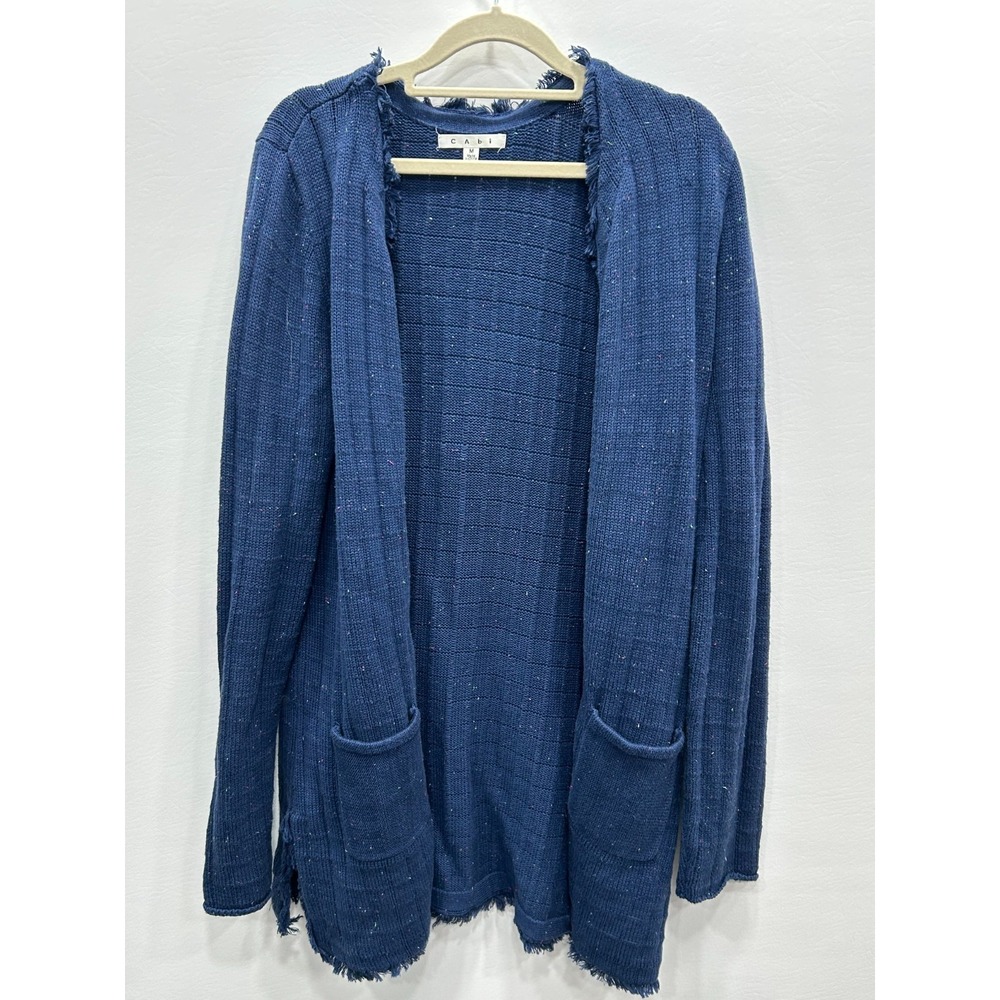 CAbi Duchess Speckled Navy Blue Size Medium Fringe Cardigan Longline Duster - Picture 2 of 11